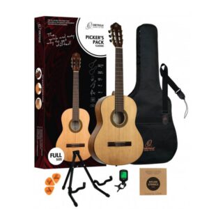 Ortega Picker's Pack, Full Size Classic Guitar Spruce Catalpa Natural Top & Back Gloss Finish with Accessories